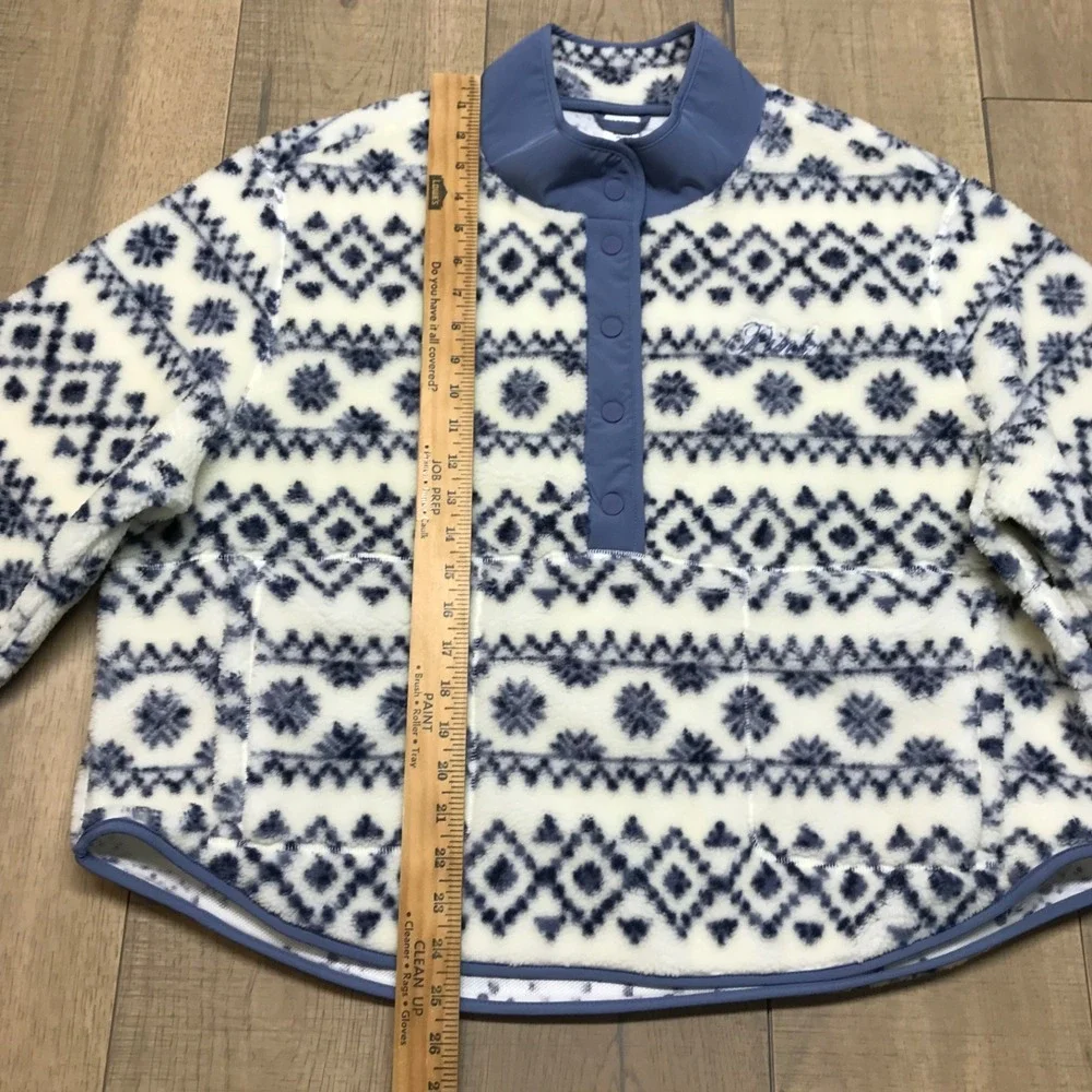 VS PINK Jacket Womens Size‎ XL Blue Sherpa Fair Isle Plush Teddy Snap Pullover